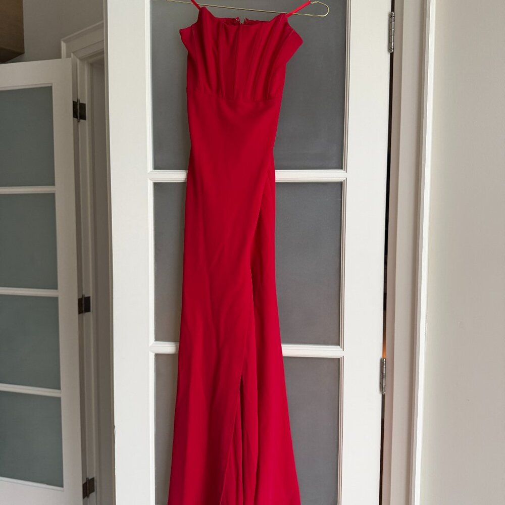 Formal Red Strapless Maxi Gown with Train and Slit